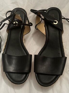 MICHAEL KORS Black Leather Espadrille Wedge Sandals with Lace Up Ankle Wrap